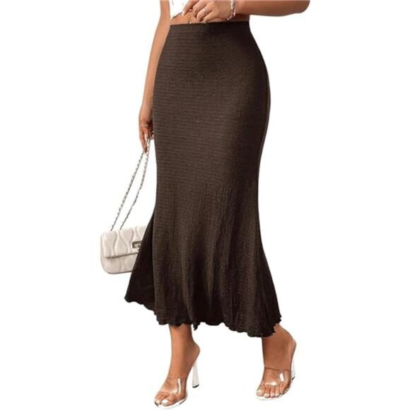 Women's Elastic Mermaid Ribbed Knit High Skirt Coffee - Picture 1 of 6